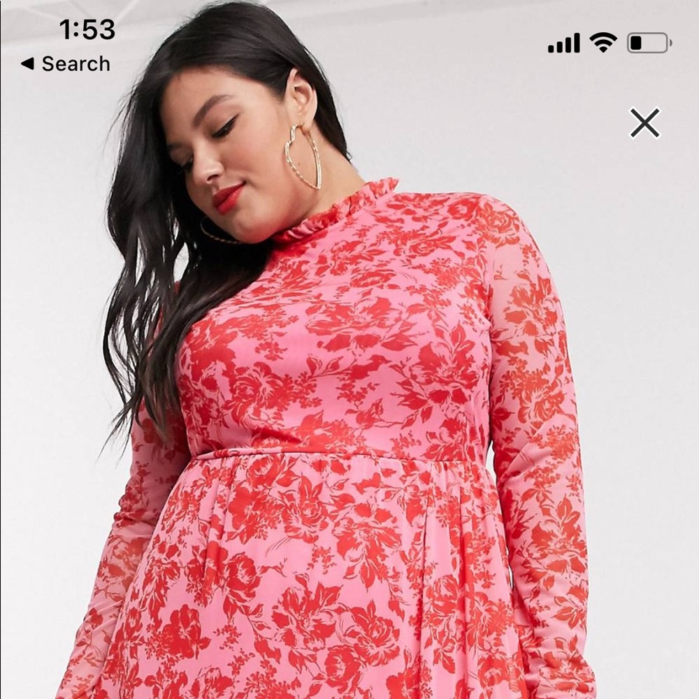 High neck pleated mesh midi dress red/pink floral